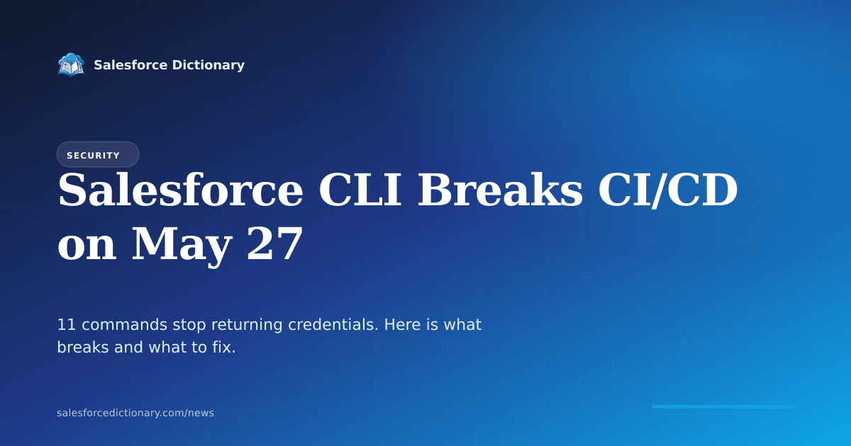 Salesforce CLI credential redaction breaking change showing affected commands sf org display sf org list and authentication commands with May 27 2026 production deadline